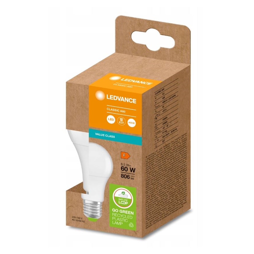 LED Žiarovka z recyklovaného plastu A60 E27/8,5W/230V 4000K - Ledvance