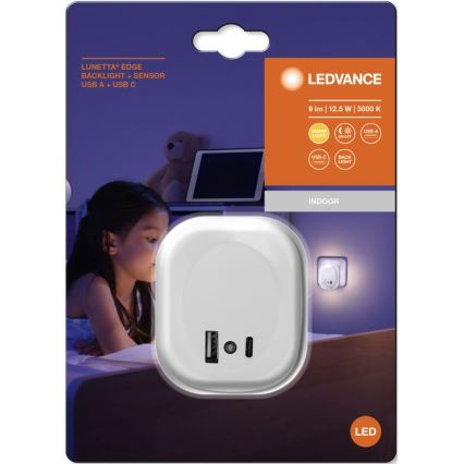 Ledvance - LED Nočné svietidlo do zásuvky so senzorom a USB LUNETTA LED/12,5W/230V 3000K biela