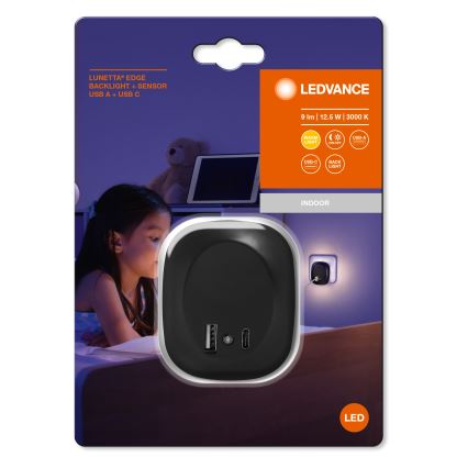 Ledvance - LED Nočné svietidlo do zásuvky so senzorom a USB LUNETTA LED/12,5W/230V 3000K čierna