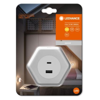 Ledvance - LED Orientačné svietidlo do zásuvky s USB LUNETTA LED/15W/230V