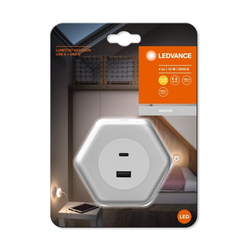 Ledvance - LED Orientačné svietidlo do zásuvky s USB LUNETTA LED/15W/230V