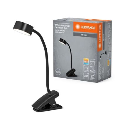 Ledvance - LED stmievateľná dotyková stolná lampa s klipom CYLINDER LED/4,8W/5V 3000-6500K čierna
