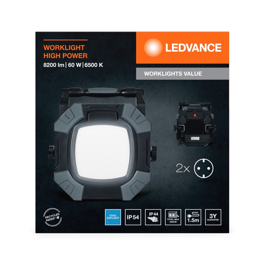 Ledvance - LED Stmievateľné pracovné svietidlo s 2 zásuvkami WORKLIGHT VALUE LED/60W/230V IP54
