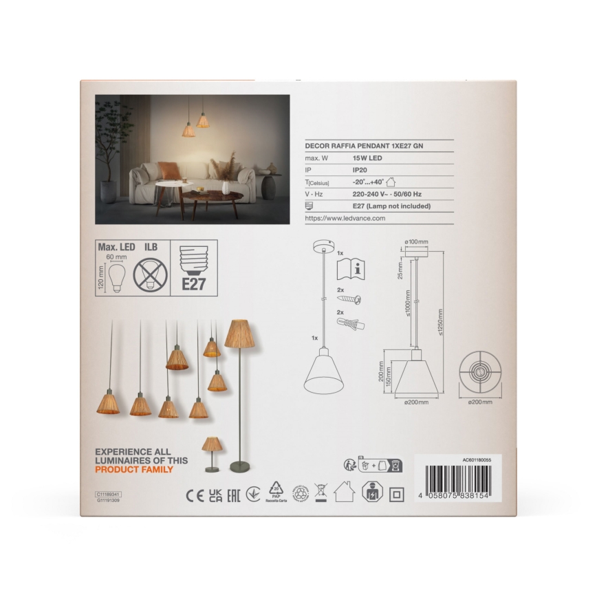 Ledvance - Luster na lanku DECOR RAFFIA 1xE27/15W/230V rafia