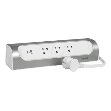 Legrand 049406 - 3-zásuvkový predlžovací kábel Typ E + USB-A + USB-C 1 m strieborný/biely