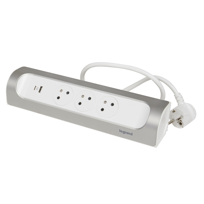 Legrand 049406 - 3-zásuvkový predlžovací kábel Typ E + USB-A + USB-C 1 m strieborný/biely
