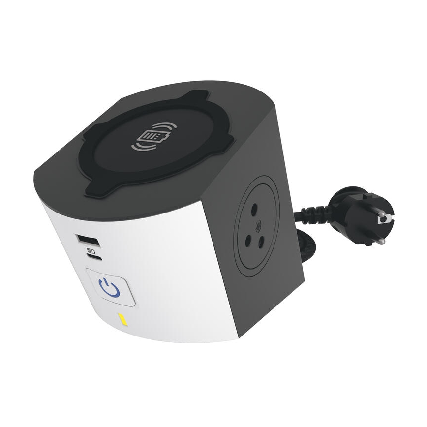 Legrand 049412 - Rozbočovacia zásuvka s vypínačom 2Z Typ E + USB-A + USB-C a bezdrôtovým nabíjaním 10W 2m biela
