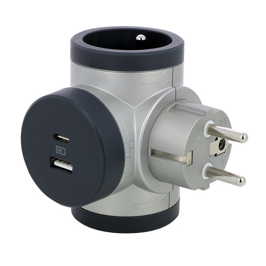 Legrand 049439 - Rozbočovacia zásuvka otočná 2Z Typ E + USB-A + USB-C strieborná/čierna