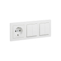 Legrand - 2x dvojitý sériový vypínač č. 5 a domová zásuvka SCHUKO s rámčekom SUNO 250V biela