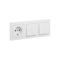 Legrand - 2x dvojitý sériový vypínač č. 5 a domová zásuvka SCHUKO s rámikom SUNO 250V biela