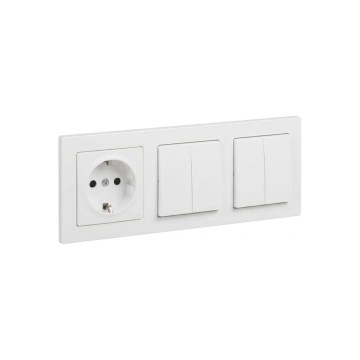 Legrand - 2x dvojitý sériový vypínač č. 5 a domová zásuvka SCHUKO s rámikom SUNO 250V biela