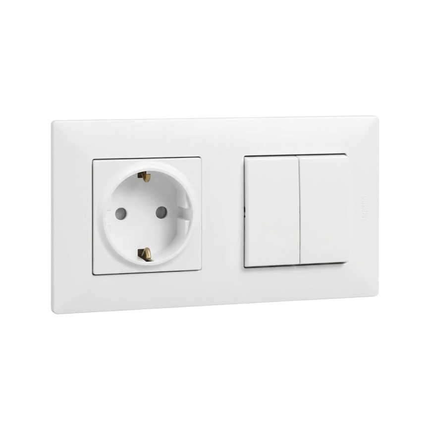 Legrand - Domová zásuvka SCHUKO a dvojitý sériový vypínač č. 5 s rámikom NILOE STEP 250 V biela