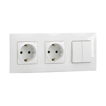 Legrand - Dvojitá domová zásuvka SCHUKO a dvojitý sériový vypínač č. 5 s rámikom NILOE 250V biela