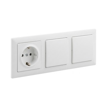 Legrand - Dvojitý jednopólový vypínač č. 1 a domová zásuvka SCHUKO s rámčekom SUNO 250V biela