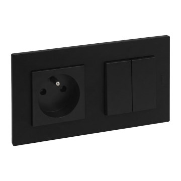 Legrand - Dvojitý schodiskový vypínač 6+6 a domová zásuvka s rámčekom NILOE STEP 250V čierna