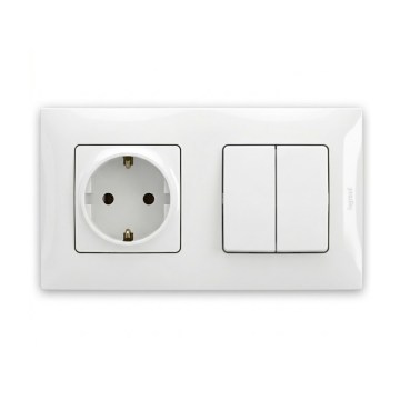 Legrand - Dvojitý sériový vypínač č. 5 a domová zásuvka SCHUKO s rámčekom NILOE 250V biela