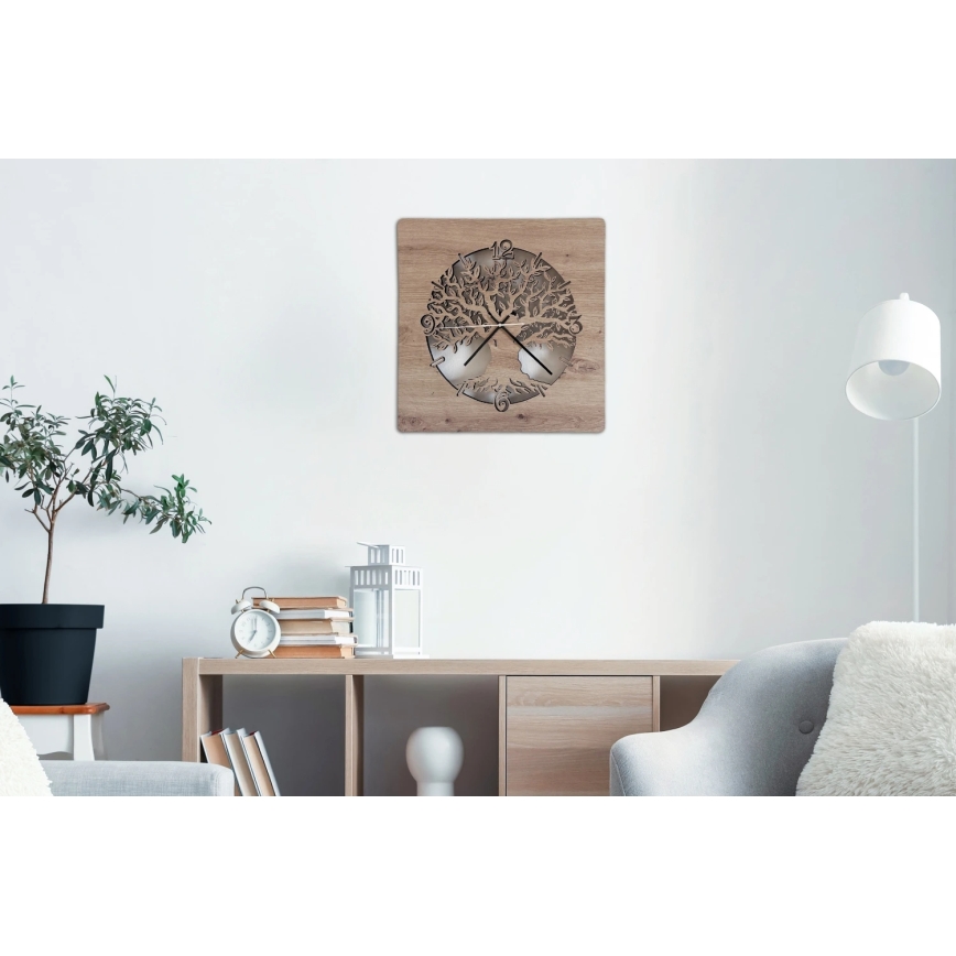 Li-Go 23537/DUB2 - LED stmievateľné hodiny LED/10W/5V 20000 mAh 42x42 cm dub/olivovník v kruhu + diaľkové ovládanie