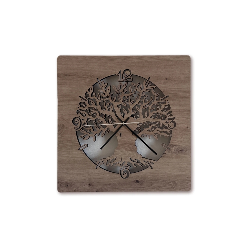 Li-Go 23537/DUB2 - LED stmievateľné hodiny LED/10W/5V 20000 mAh 42x42 cm dub/olivovník v kruhu + diaľkové ovládanie