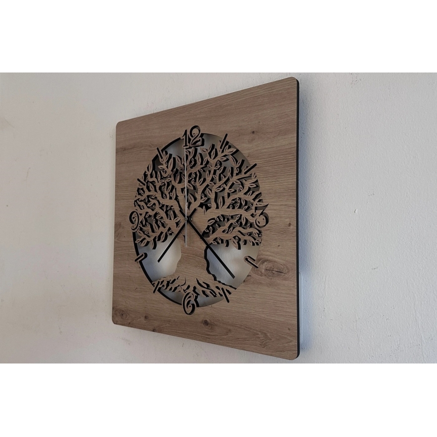 Li-Go 23537/DUB2 - LED stmievateľné hodiny LED/10W/5V 20000 mAh 42x42 cm dub/olivovník v kruhu + diaľkové ovládanie