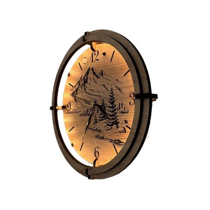 Li-Go 23697/DUB/BAT2 - stmievateľné LED hodiny s pohybovým senzorom LED/10W/5V 20000 mAh + 1xAA pr. 32 cm dub/Hory