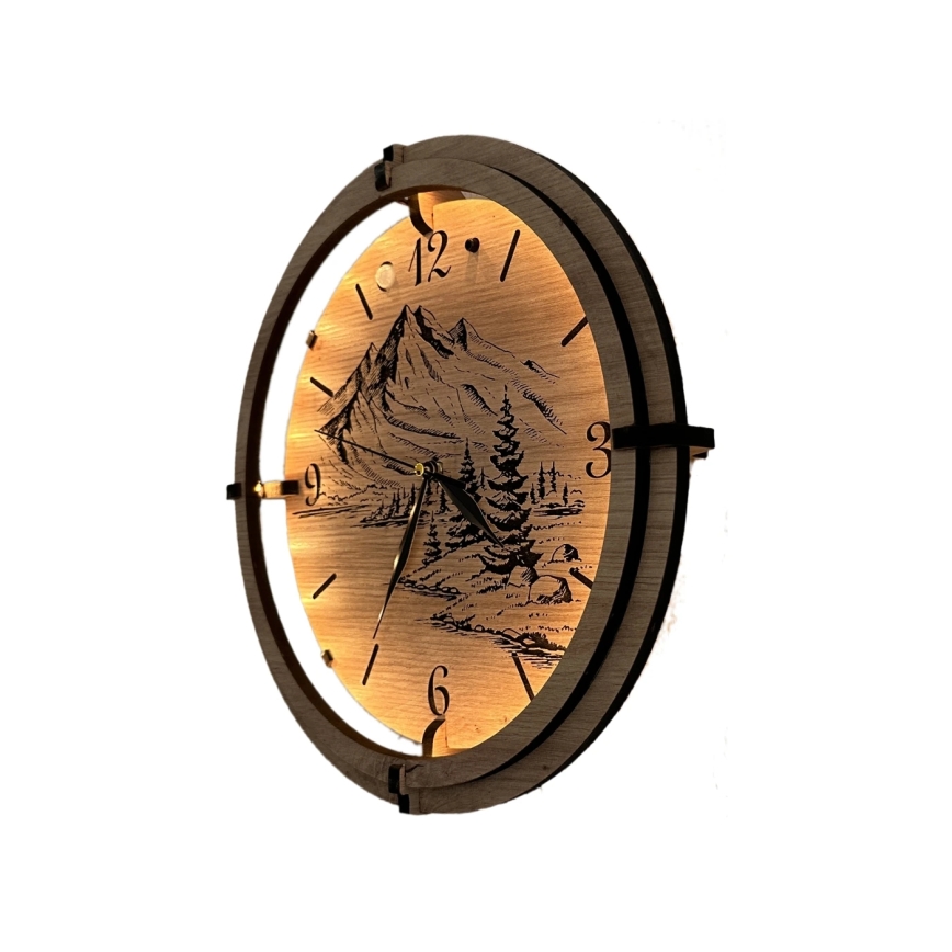 Li-Go 23697/DUB/BAT2 - stmievateľné LED hodiny s pohybovým senzorom LED/10W/5V 20000 mAh + 1xAA pr. 32 cm dub/Hory