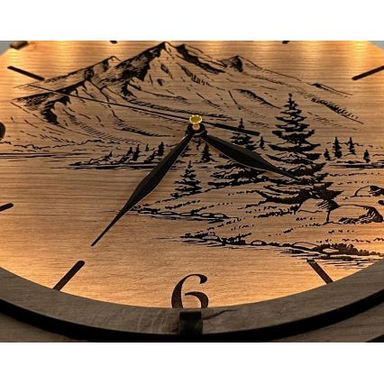 Li-Go 23697/DUB/BAT2 - stmievateľné LED hodiny s pohybovým senzorom LED/10W/5V 20000 mAh + 1xAA pr. 32 cm dub/Hory