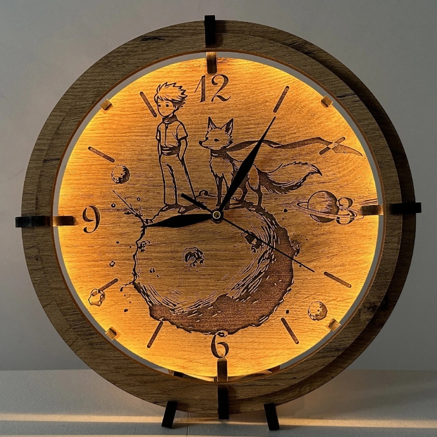 Li-Go 23712/DUB/BAT2 - LED stmievateľné hodiny s pohybovým senzorom LED/10W/5V 20000 mAh + 1xAA priemer 32 cm dub/Malý princ