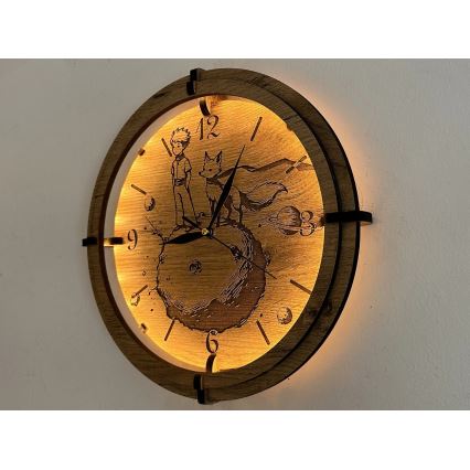 Li-Go 23712/DUB/BAT2 - LED stmievateľné hodiny s pohybovým senzorom LED/10W/5V 20000 mAh + 1xAA priemer 32 cm dub/Malý princ