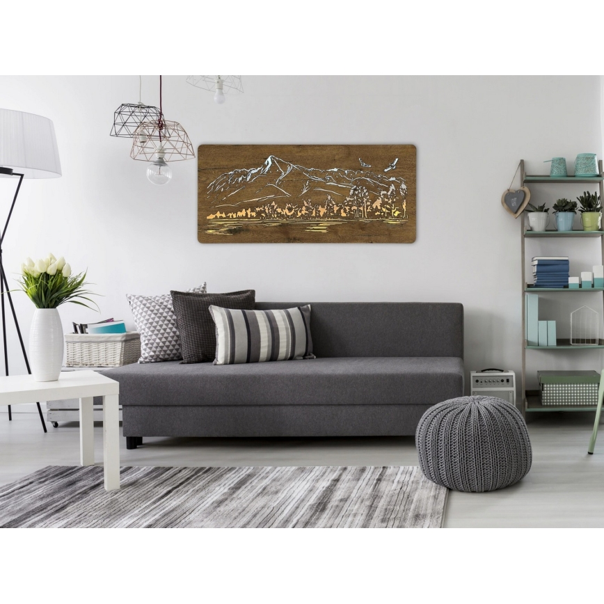 Li-Go 5589/A/DUB2 - LED Stmievateľná nástenná dekorácia LED/10W/5V 30000 mAh 110x50 cm dub/Hory s vtákmi