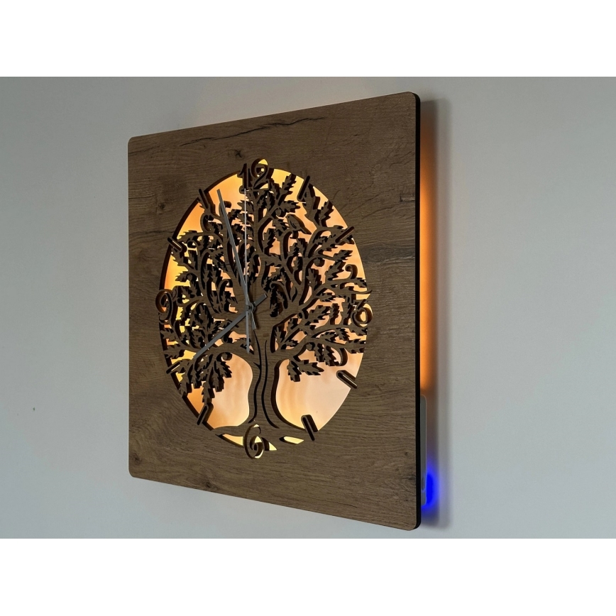 Li-Go 5652/DUB2 - LED stmievateľné hodiny LED/10W/5V 20000 mAh 42x42 cm dub/Dub v kruhu + diaľkové ovládanie