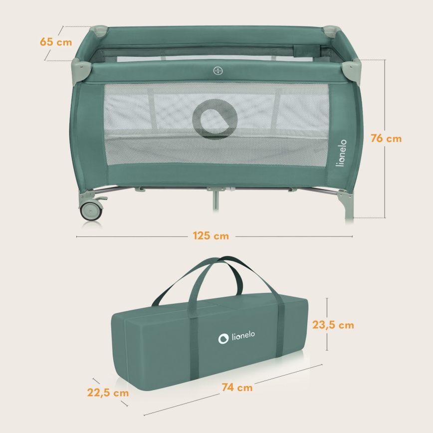 Lionelo - Cestovná postieľka STEFI PLUS Green Olive