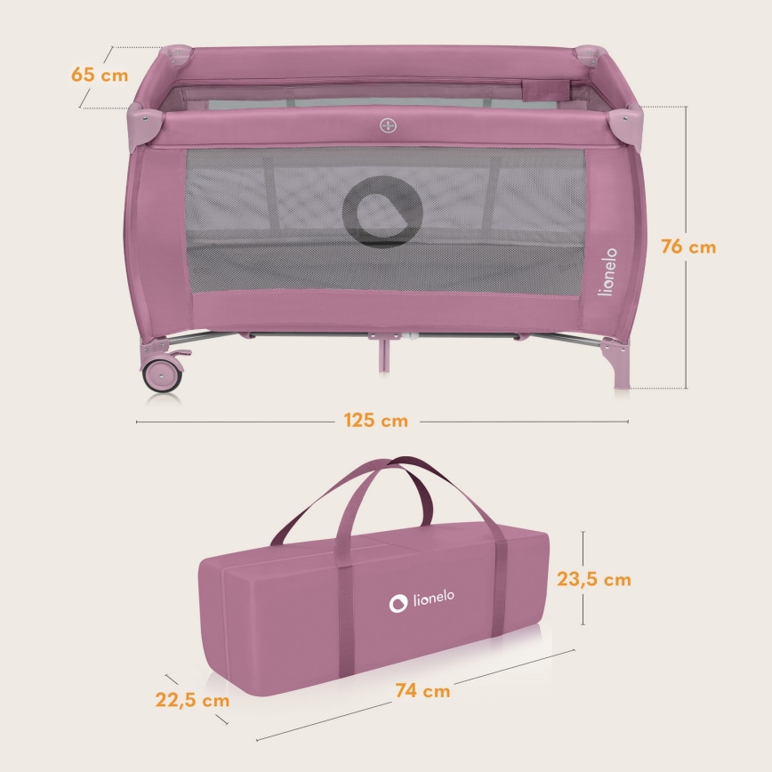 Lionelo - Cestovná postieľka STEFI PLUS Pink Magnolia