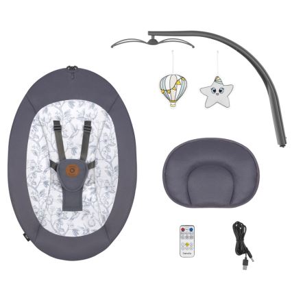 Lionelo - Detská hojdačka s melódiou RALF 4xAA šedo-biela + diaľkové ovládanie