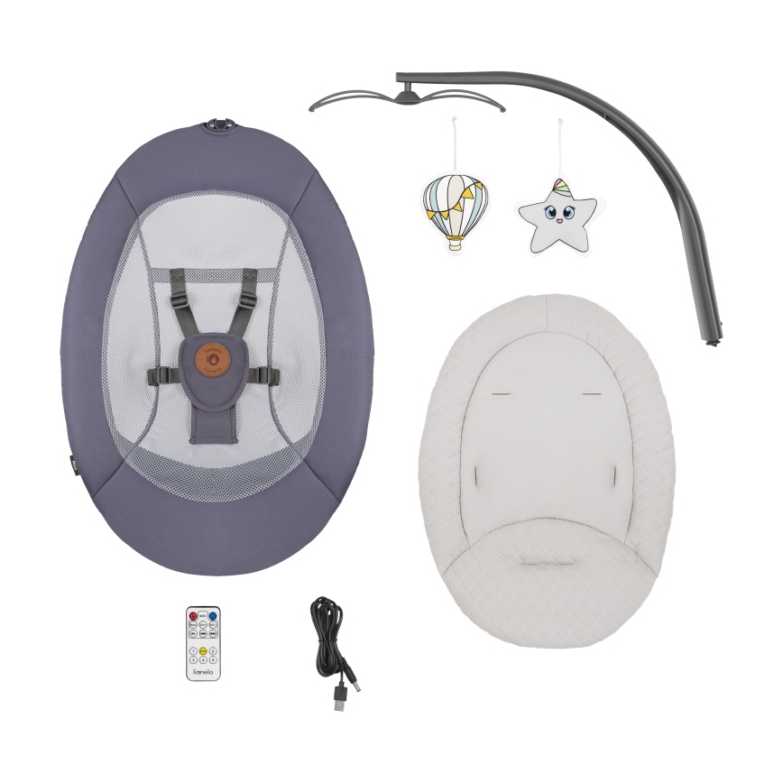 Lionelo - Detské hojdacie lehátko s melódiou RALF 4xAA Grey Graphite + diaľkové ovládanie