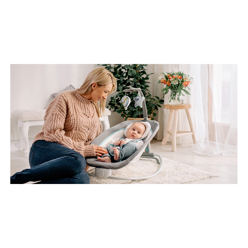 Lionelo - Detské vibrujúce hojdacie lehátko s melódiou PASCAL 2xAA šedá/tyrkysová