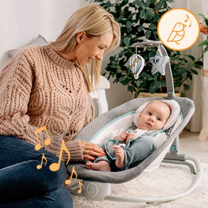 Lionelo - Detské vibrujúce hojdacie lehátko s melódiou PASCAL 2xAA šedá/tyrkysová