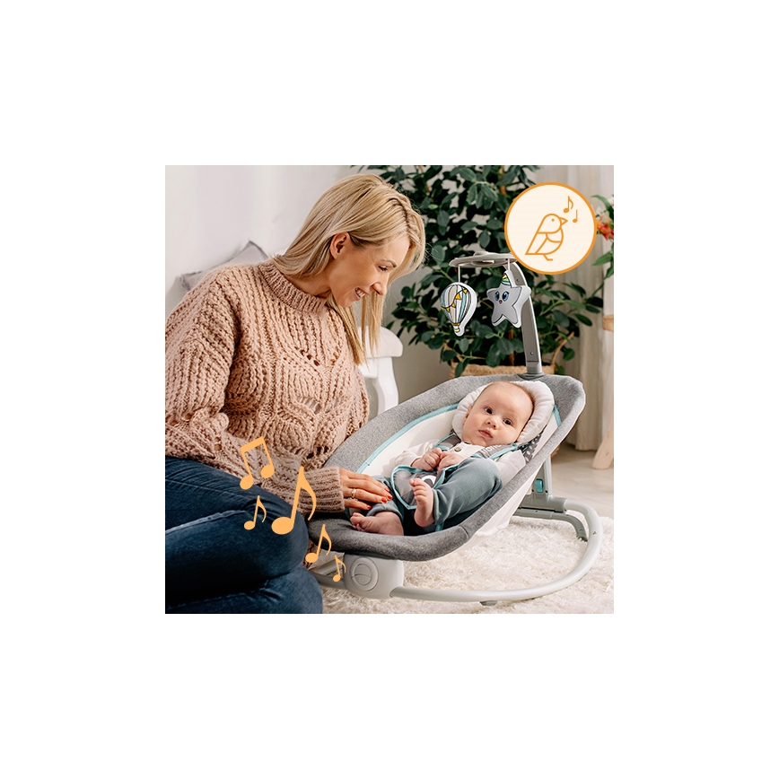 Lionelo - Detské vibrujúce hojdacie lehátko s melódiou PASCAL 2xAA šedá/tyrkysová