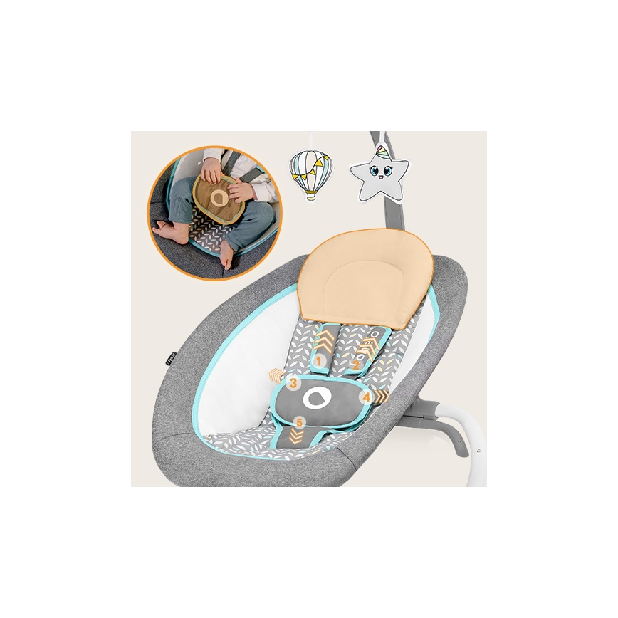Lionelo - Detské vibrujúce hojdacie lehátko s melódiou PASCAL 2xAA šedá/tyrkysová