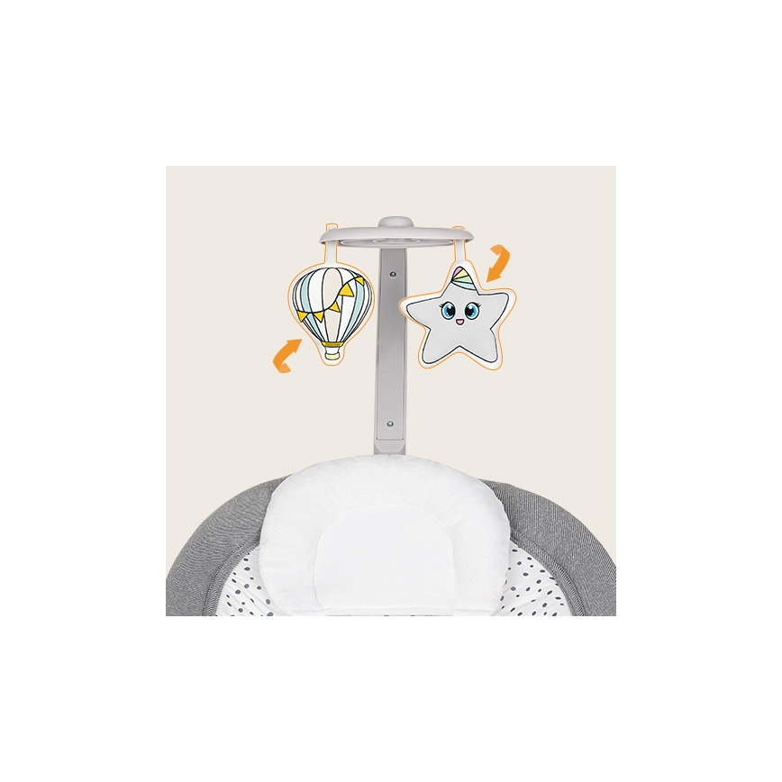 Lionelo - Detské vibrujúce hojdacie lehátko s melódiou PASCAL 2xAA sivé