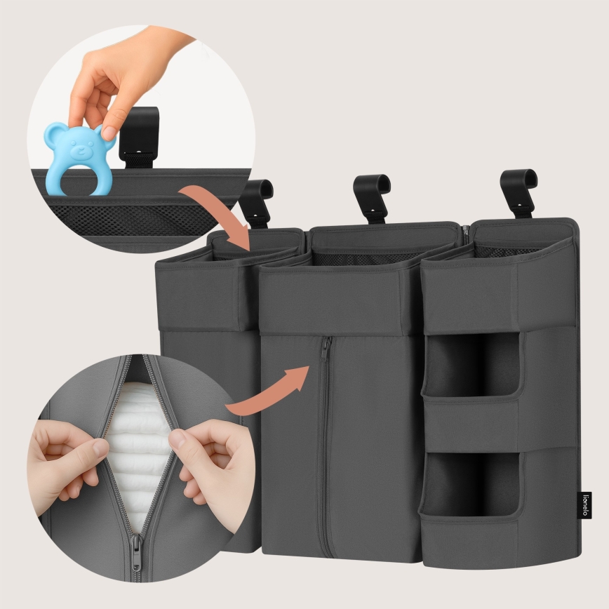 Lionelo - Organizér na postieľku 3 v 1 SIDEPOCKET Sivý