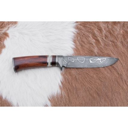 Lovecký damaškový nôž 13,8 cm ironwood/byvolia kosť