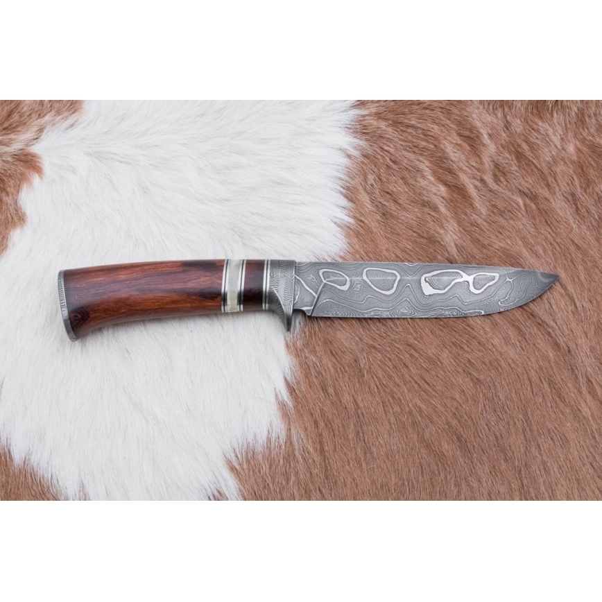 Lovecký damaškový nôž 13,8 cm ironwood/byvolia kosť