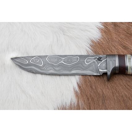 Lovecký damaškový nôž 13,8 cm ironwood/byvolia kosť