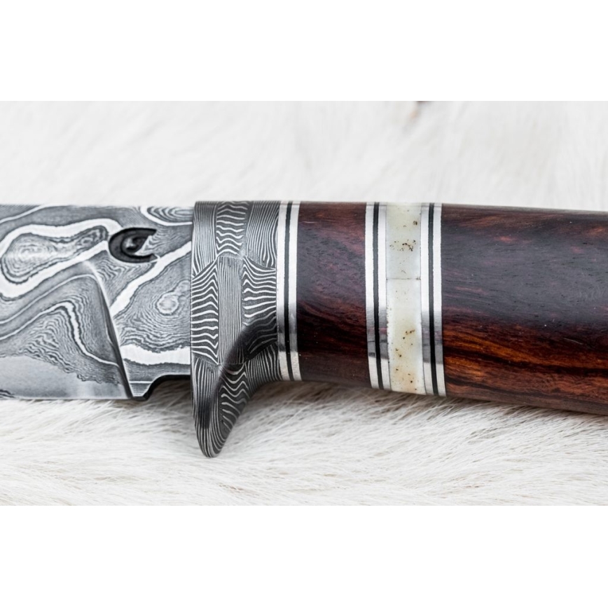 Lovecký damaškový nôž 13,8 cm ironwood/byvolia kosť