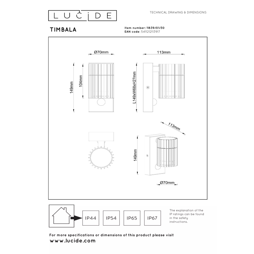 Lucide 11839/01/30 - Vonkajšie nástenné svietidlo s pohybovým senzorom TIMBALA 1xGU10/7W/230V IP44