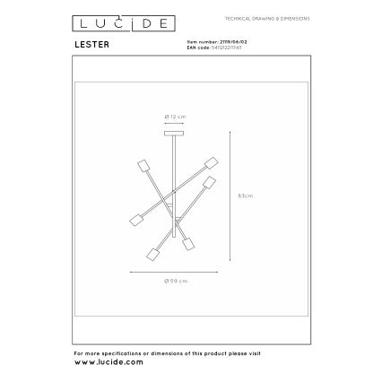 Lucide 21119/06/02 - Stropný luster na tyči LESTER 6xE27/40W/230V