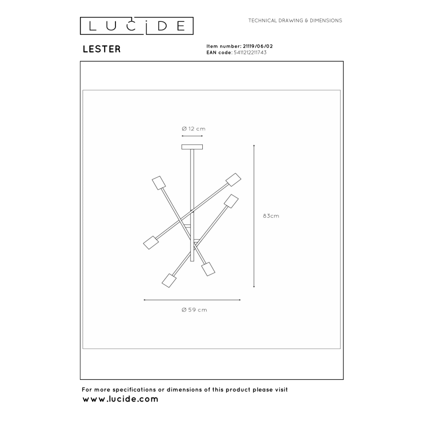 Lucide 21119/06/02 - Stropný luster na tyči LESTER 6xE27/40W/230V