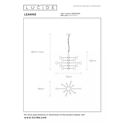 Lucide 21421/10/30 - Závesný luster LEANNE na lane 10xE27/40W/230V