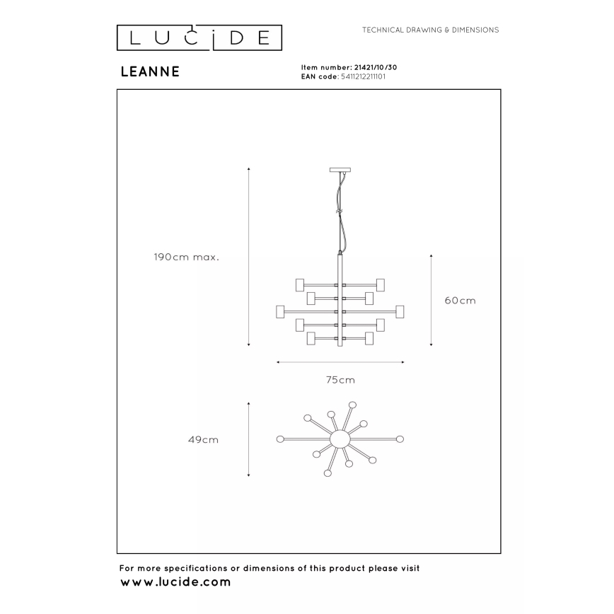 Lucide 21421/10/30 - Závesný luster LEANNE na lane 10xE27/40W/230V