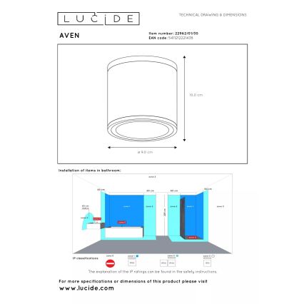 Lucide 22962/01/30 - Kúpeľňové stropné svietidlo AVEN 1xGU10/50W/230V, priemer 9 cm, IP65, čierne